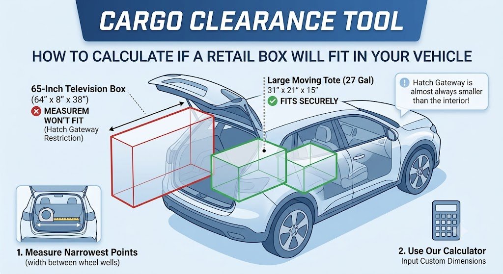 An instructional infographic for the cargo clearance tool showing a white SUV with an open hatch gateway constraint