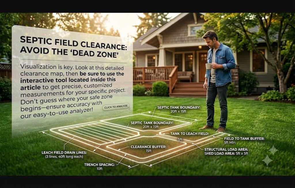 A visualization detailing the essential rules for septic leach field clearance, including safe zones, dead zones, and the 15-foot minimum setback required to prevent soil compaction and system failure.