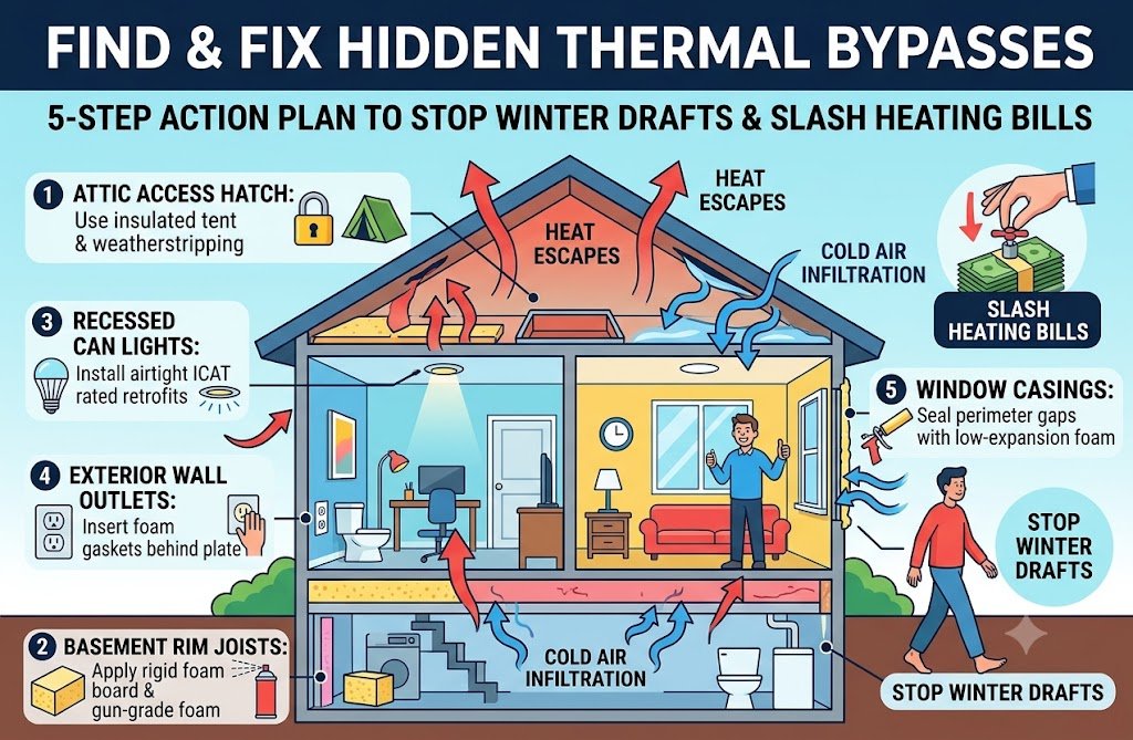 Diagram showing how to find and fix a hidden thermal bypass in a residential house framing cross-section.