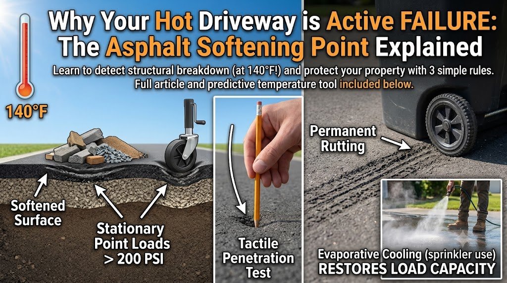 Diagram explaining asphalt softening point failure, showing ruts under 200 PSI loads, a 140°F thermometer, a pencil sinking into the soft surface, and a person cooling pavement with a sprinkler.