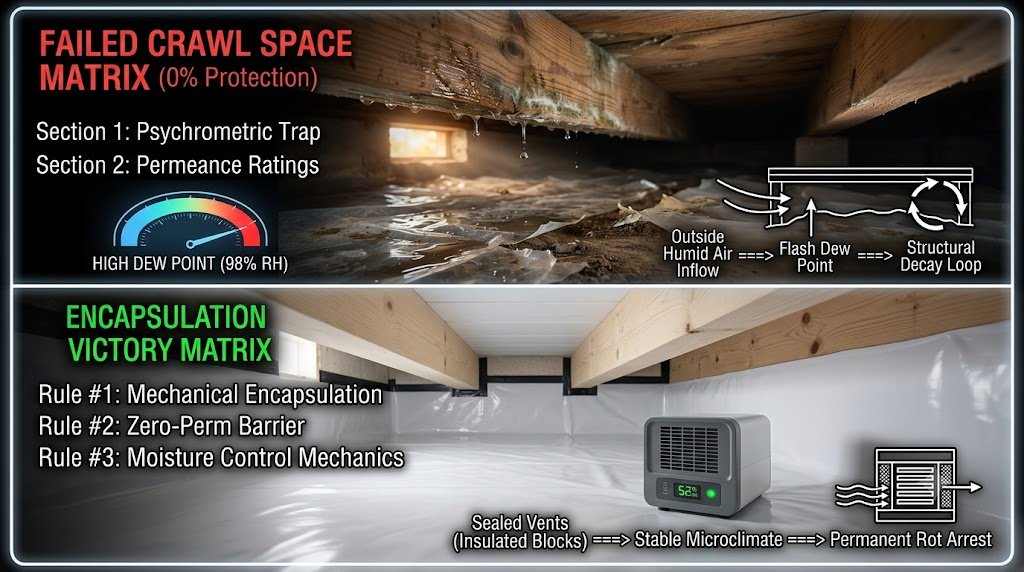 Crawl space condensation causing wood rot and mold on floor joists next to clean encapsulation liner.