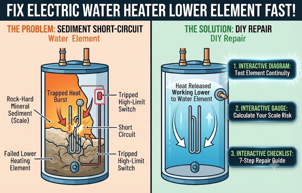 Diagram and step-by-step breakdown showing how to diagnose and replace a failed electric water heater lower element caused by mineral sediment.