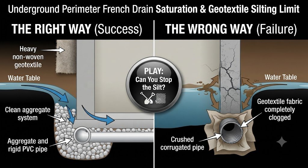 Underground perimeter French drain depth showing clean aggregate system versus clogged geotextile fabric