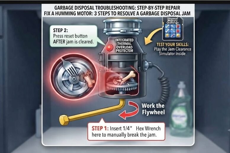 Diagram showing how to fix a garbage disposal jam using a hex wrench and thermal reset button.