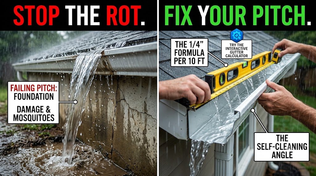 A split-screen graphic comparing a failing gutter pitch slope causing rot with the 1/4-inch slope fix.