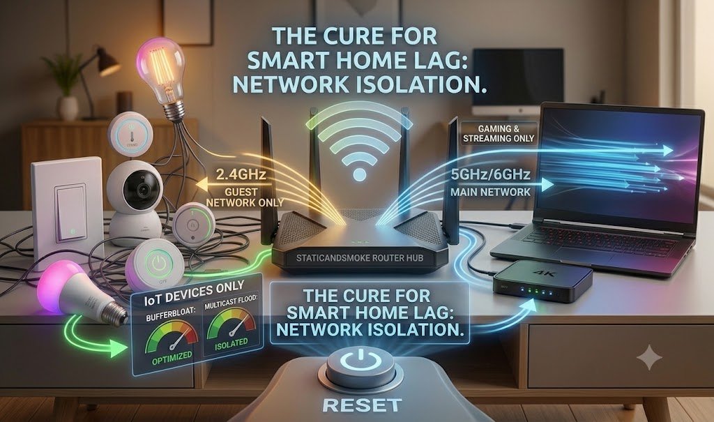 An infographic detailing how to fix smart home lag through network isolation.