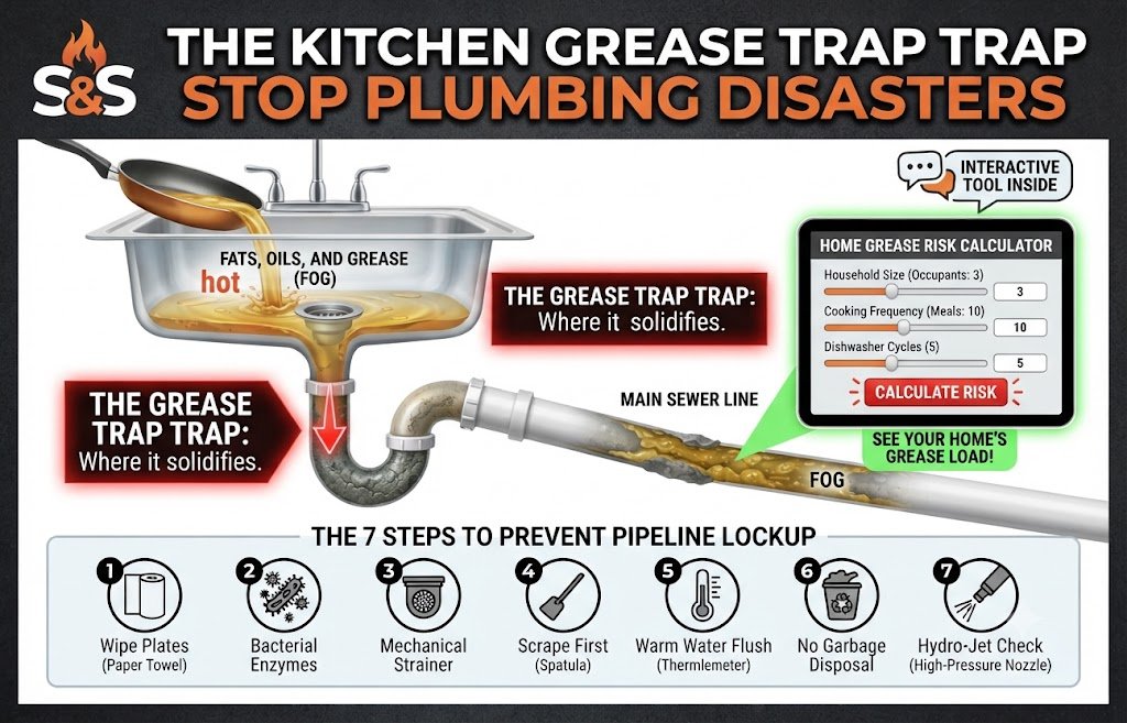 Residential kitchen sink grease trap cleaning and prevention guide showing proper maintenance