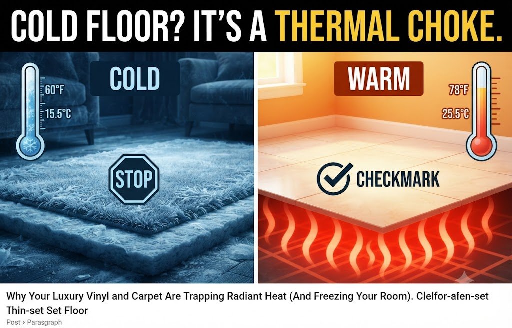 Radiant floor thermal choke diagnostic image showing a cold room with thick carpet trapping heat on the left versus a warm tile floor with efficient heat transfer on the right.