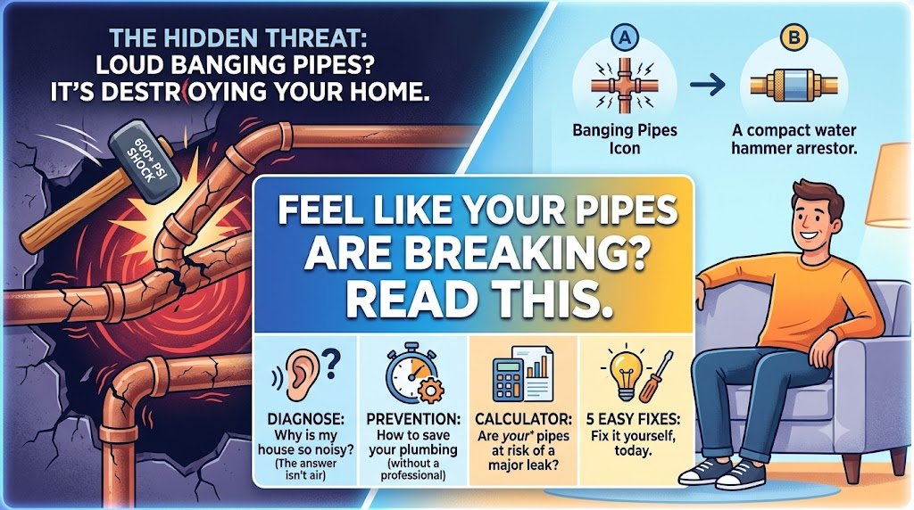 Diagram showing water hammer causes, valve shockwaves, and simple plumbing fixes
