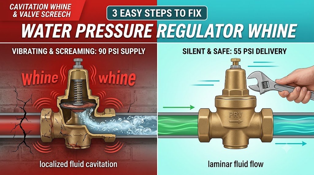 Diagram comparing a noisy vibrating water pressure regulator valve with a silent fix using 3 steps