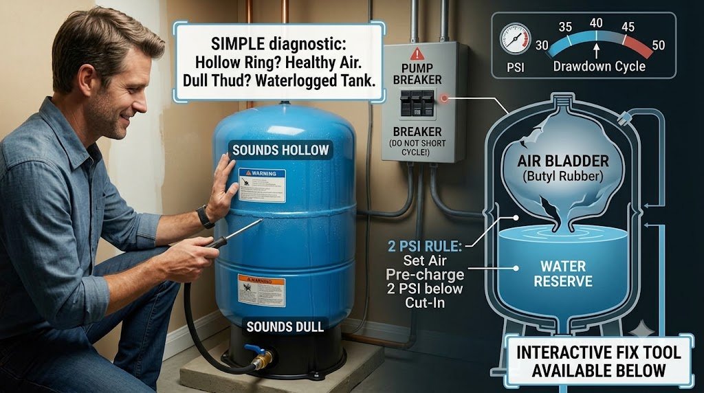 Split infographic showing a homeowner performing the screwdriver thud test on a waterlogged pressure tank and a technical diagram of failed bladder mechanics