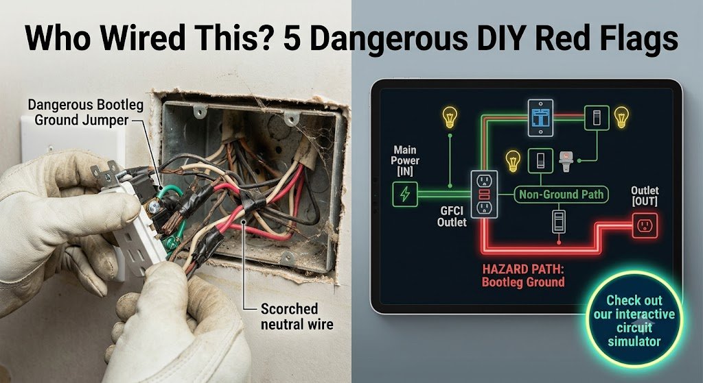 Split-screen displaying dangerous DIY electrical wiring in a wall outlet with a bootleg ground jumper, next to a digital interactive circuit simulator.