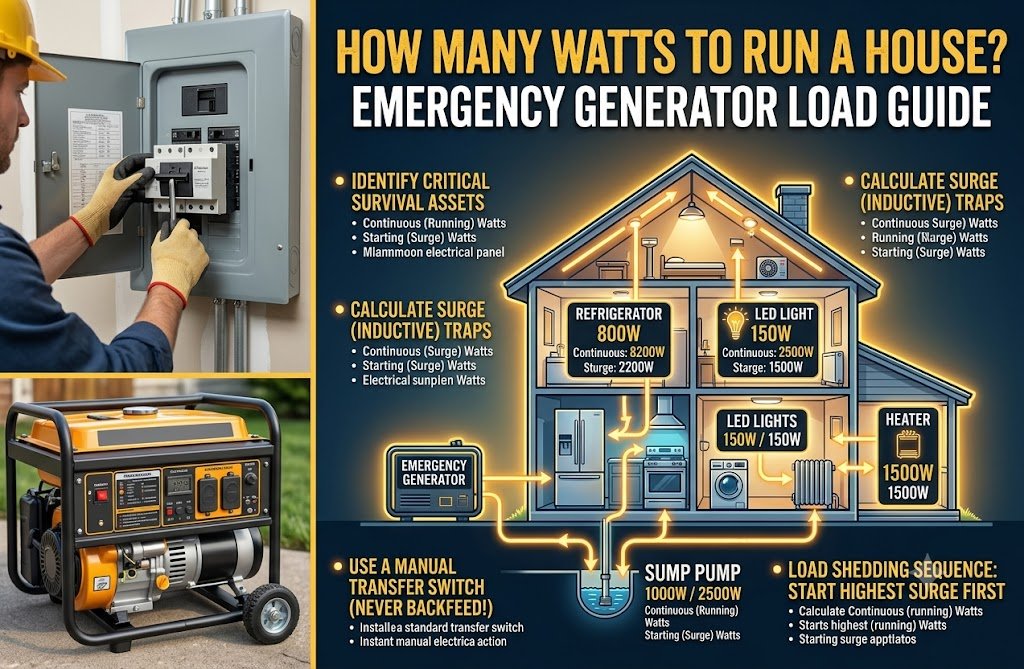Infographic breakdown of how many watts to run a house on an emergency generator showing starting vs running wattage for appliances like refrigerators and sump pumps.