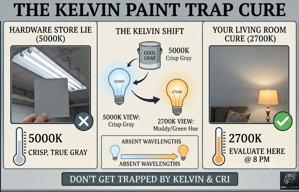 Diagram explaining how the Kelvin paint trap effect shifts interior wall color from muddy to clean based on bulb temperature.