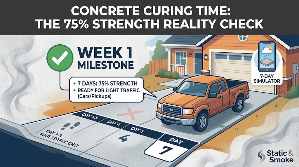 Infographic explaining concrete curing time, showing a residential driveway with an orange pickup truck parked on the 7-day mark. Text callouts indicate the Week 1 milestone reaches 75% strength, making it ready for light traffic.