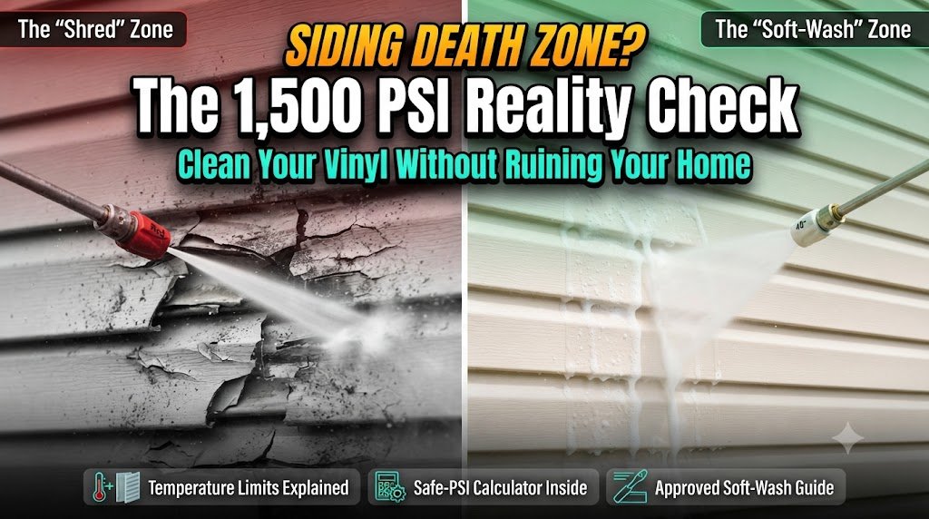 A split-screen graphic showing damaged, cracked vinyl siding from high-pressure washing next to clean siding being safely soft washed, featuring a safe-PSI calculator badge. Can power washing Damage Vinyl Siding