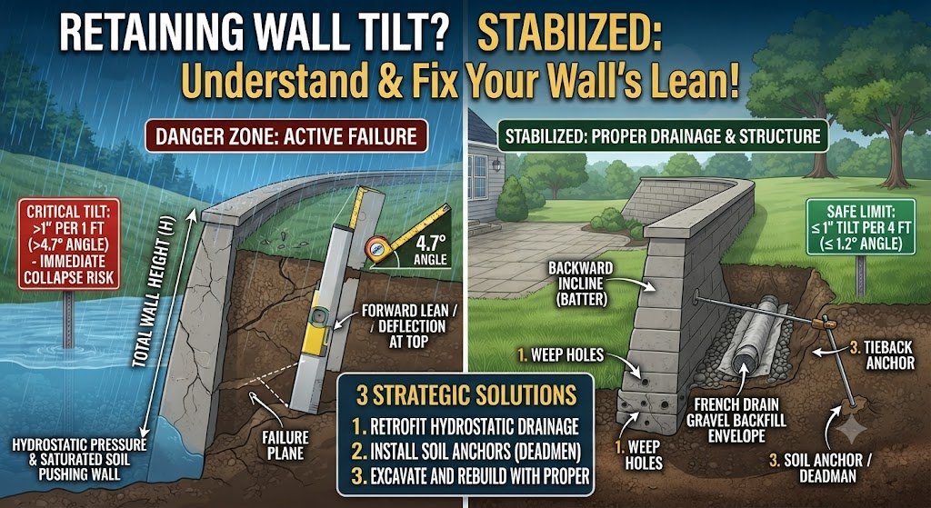 A split-screen comparison showing retaining wall a damaged, cracked stone retaining wall leaning forward on the left, and a properly graded, stable retaining wall with clear weep holes on the right.