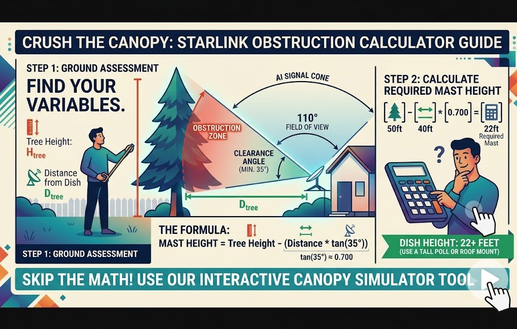 Infographic explaining how to calculate Starlink tree obstruction using a simple trigonometry formula and a 35-degree clearance angle.
