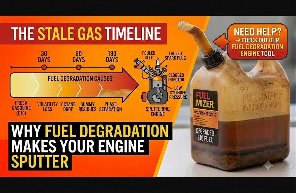 A side-by-side infographic about fuel degradation. On the left, 'The Stale Gas Timeline' details the causes and engine effects of stale gasoline over 30, 90, and 180 days. On the right, a weathered, translucent plastic gas can shows dark, murky degraded E10 fuel with a heavy sludge layer at the bottom, featuring an integrated callout box that reads: 'NEED HELP? -> CHECK OUT OUR FUEL DEGRADATION ENGINE TOOL'.