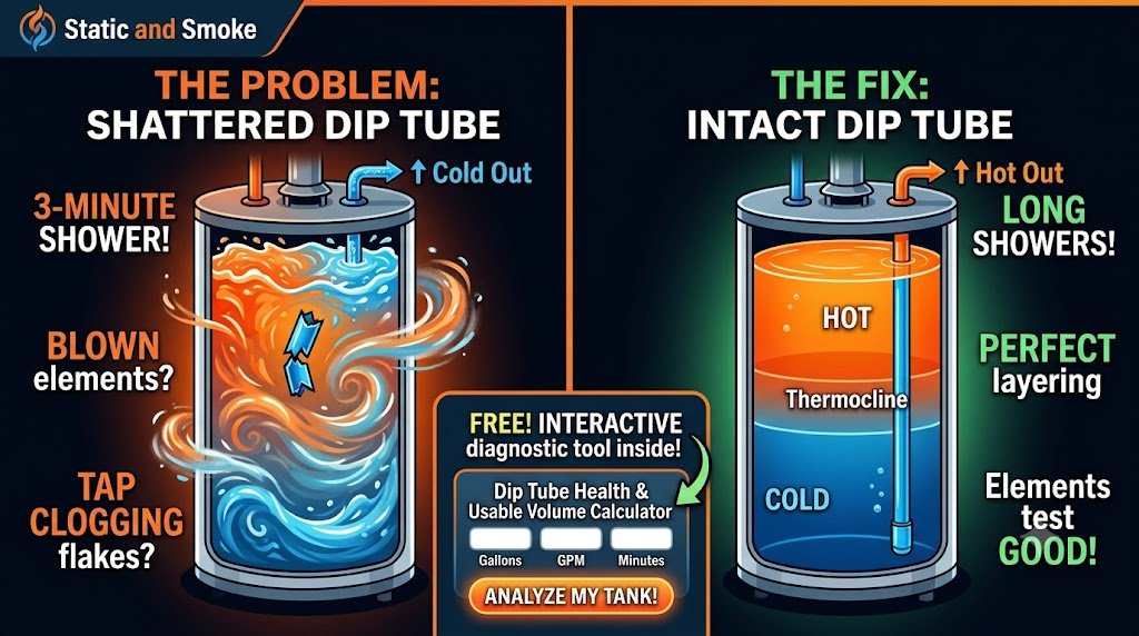Broken water heater dip tube causing rapid hot water loss