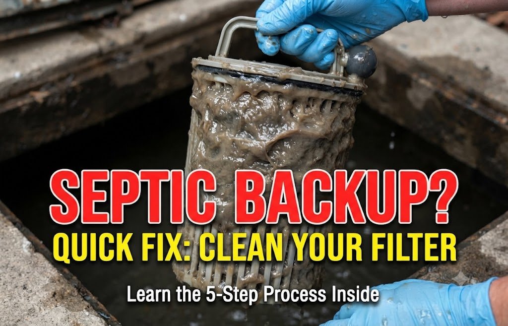 : Septic Tank Effluent Filter clogged with bio-mat during maintenance.